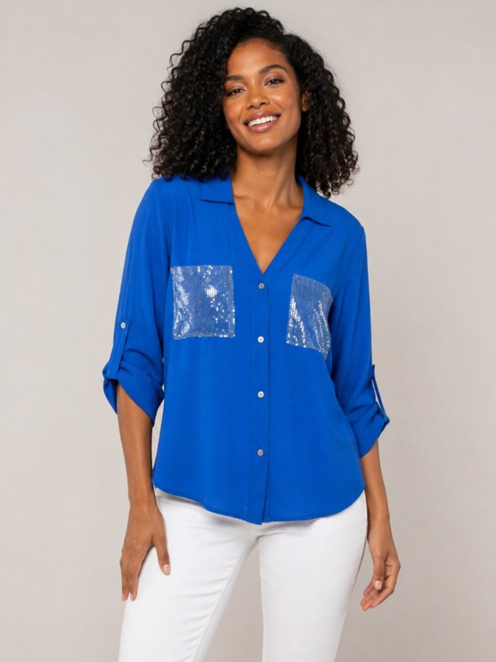 nüco Top XL Royal Blue Button Down Blouse Sequin Pockets Work Casual Btq